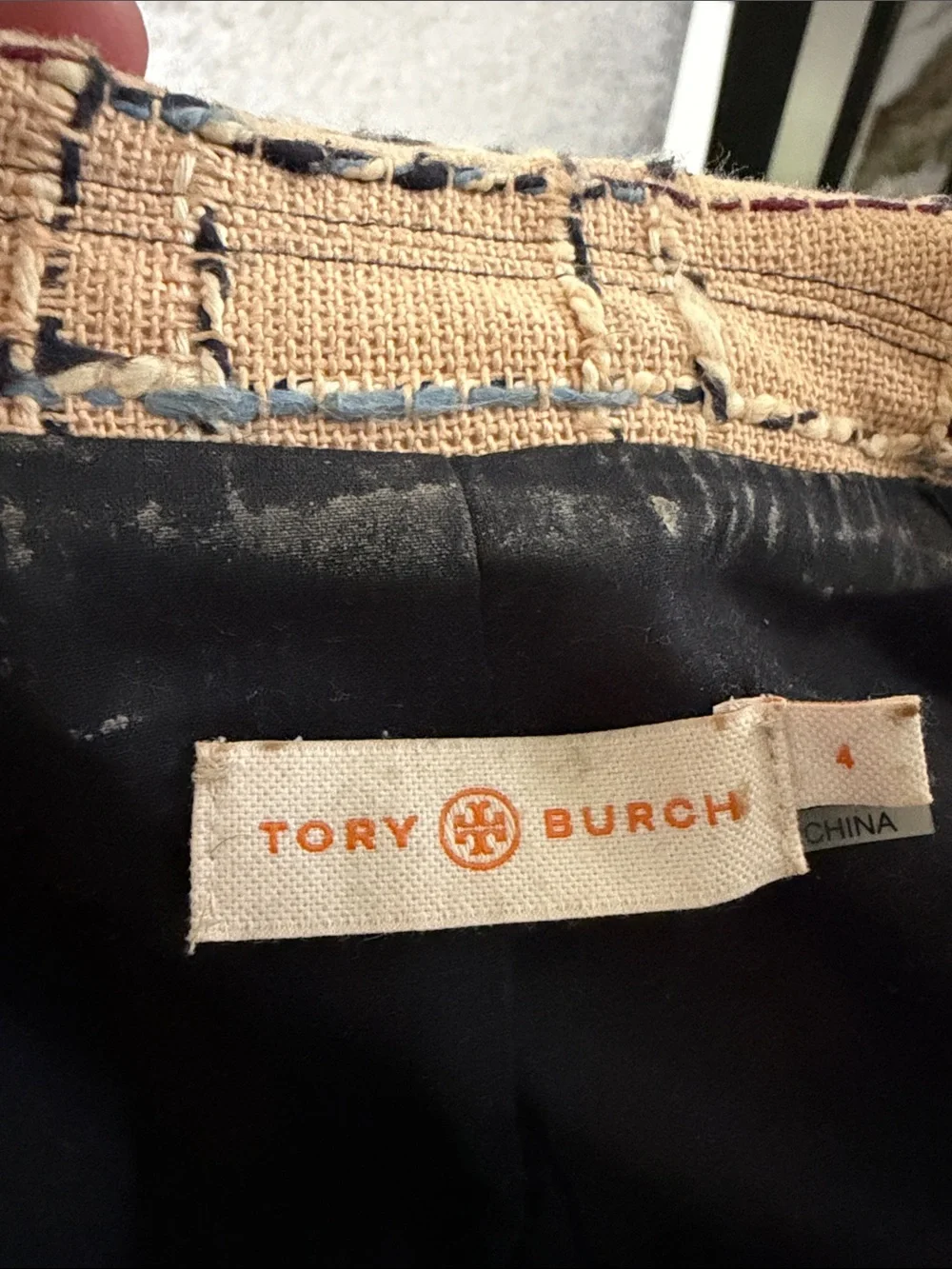 Tory Burch Beige Plaid Tweed Blazer with Navy Accents